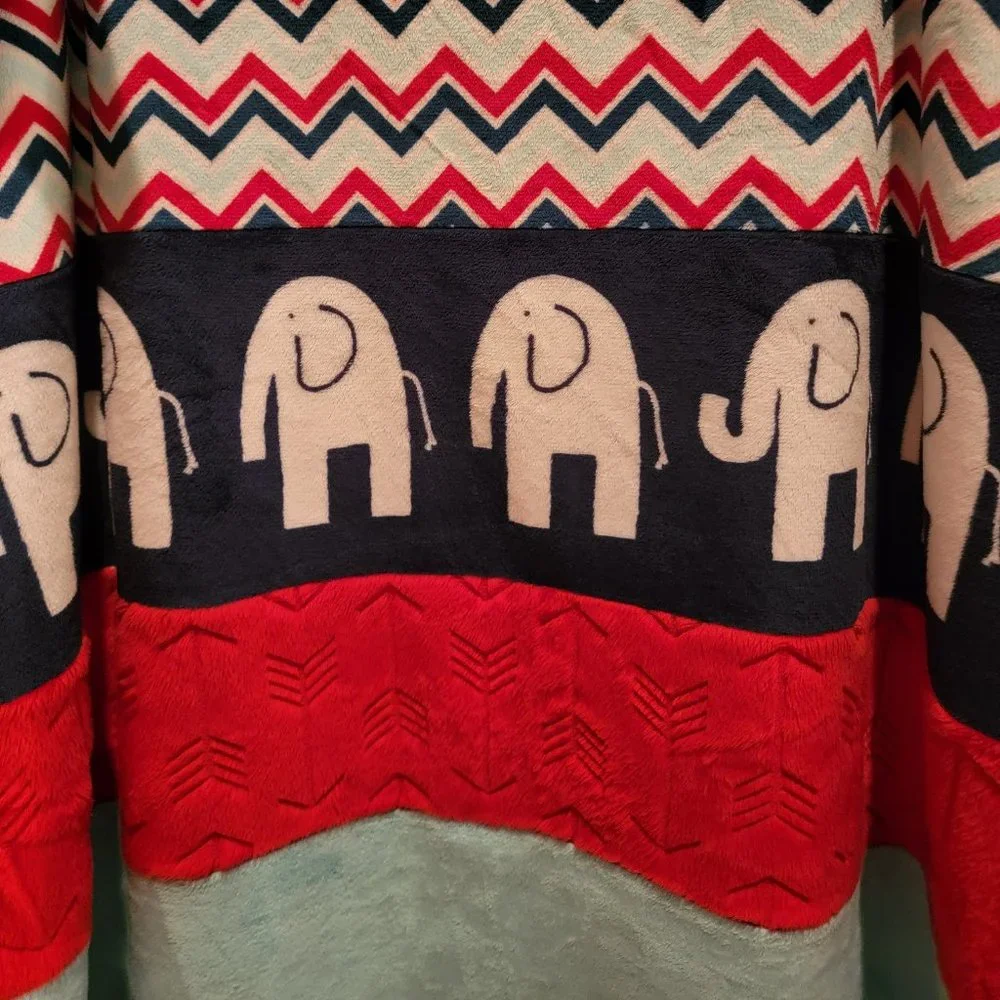 Handmade Minky Elephant Blanket 56x48 Large Plush Throw Navy Red Blue Soft Cozy